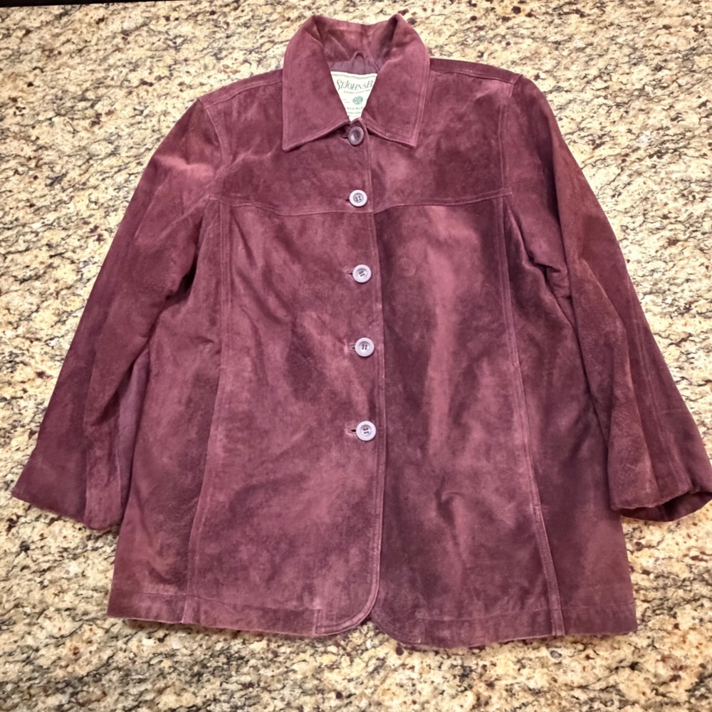 St. Johns Bay Washable Suede Jacket Burgundy Plum Petite L Button Front Coat ws